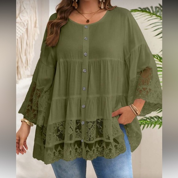 Elegant Plus Size 3/4 Sleeve Sheer Lace Patchwork White Top Blouse Shirt Green - Picture 1 of 16
